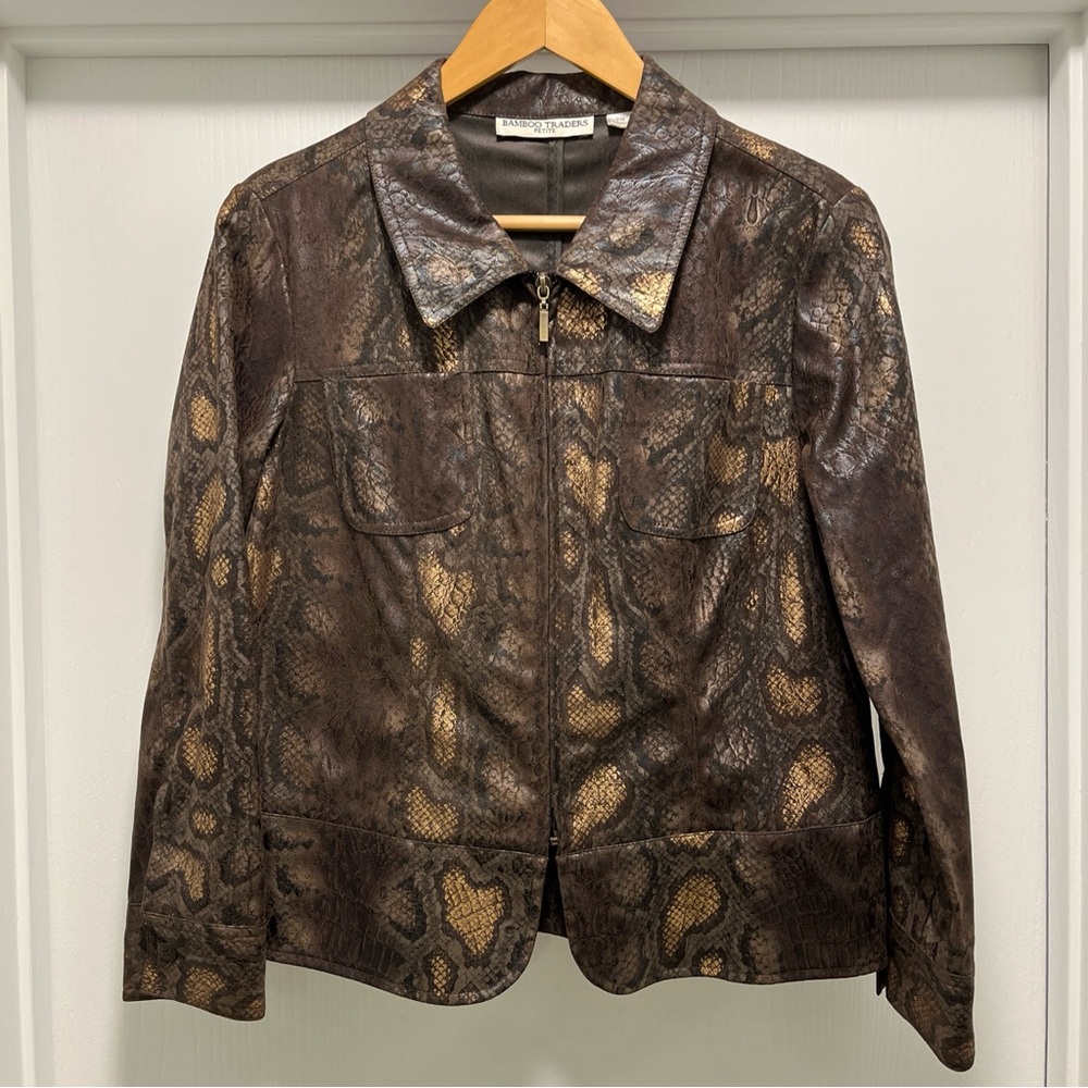 Bamboo Traders Jacket Size Petite Medium. PM Snakeskin Print Copper Brown Gold